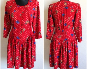 Vintage Red White Floral Dotted Dress Adjustable Waist & Hips Stripe Summer Clothing 80s 90s Round Neck Small Size Dress Knee Length Dress