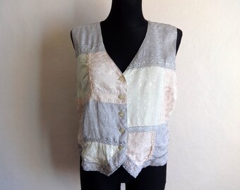 Vintage Gray & Pink Patchwork Waistcoat Lace Embellished Women's Vest Pastel Colors Vest Vintage 90s Clothing Summer Clothing