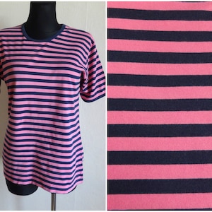 Marimekko Pink & Dark Blue Striped Top Women&#39;s Tee Cotton Jersey Soft  Marimekko T Shirt Finnish Clothing Nautical Top Made in Finland M