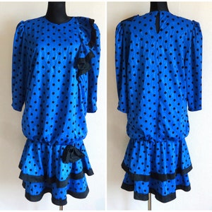 Vintage 80s Blue & Black Dotted Dress With Frills Bow Tie Embellished Dress Midi Dress Mod Dress Formal Dress Long Sleeve Fashion 80s