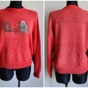 Vintage lichtrode Golf versierd trui gebreide jumper lange mouw ronde hals Vintage jaren ' 90 vrouwen trui katoen mix kleding