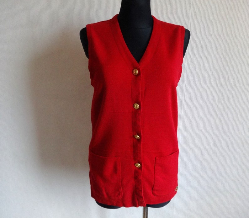 Busnel Vintage French Vest Red Women's Wool Vest Warm Vest Buttons Closure Metallic Buttons Front Pockets Vest Made in France Size 40 image 4