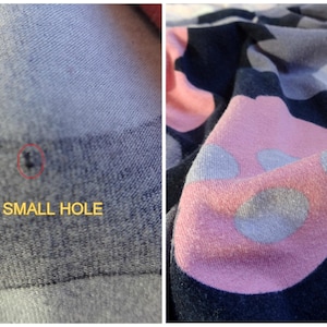 May include: Close-up of a gray fabric with a very small hole. The fabric has a subtle texture. The hole is barely visible and is circled in red. The text "VERY SMALL HOLE" is written below the hole.