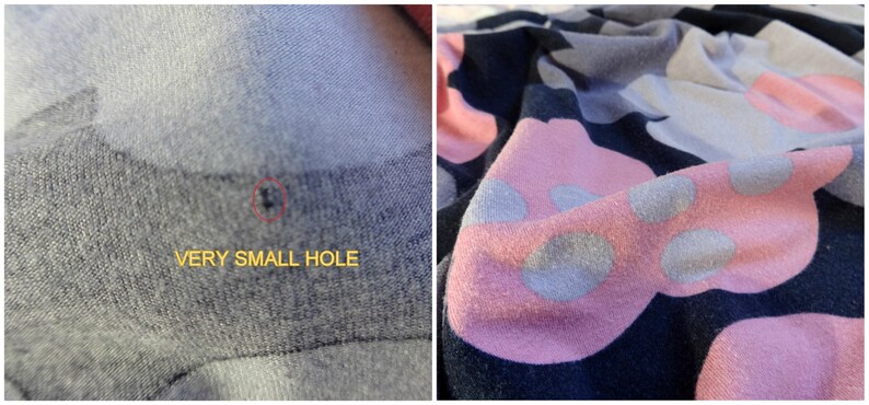 May include: Close-up of a gray fabric with a very small hole. The fabric has a subtle texture. The hole is barely visible and is circled in red. The text "VERY SMALL HOLE" is written below the hole.
