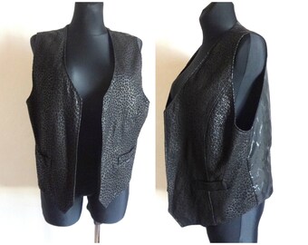 Vintage Cheetah Textured Black Leather Vest Women's Open Front Waistcoat Vintage Clothing Real Genuine Leather Vest Formal Vest Size 42