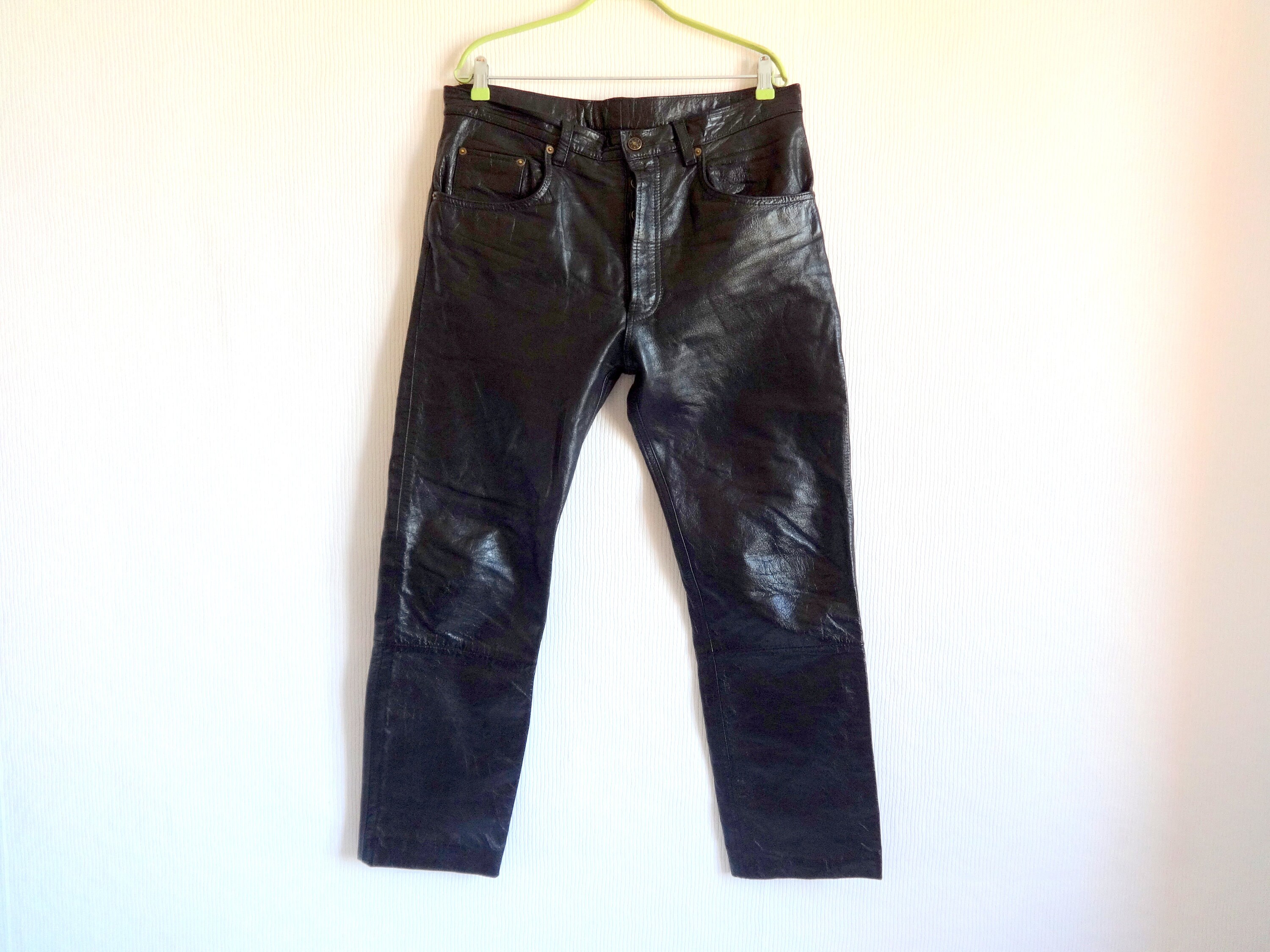 Vintage Black Unisex Genuine Leather Pants Front Buttons Closure