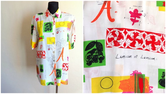 Vintage 90s Colourful Abstract Short Sleeve Womens Shirt Size XL