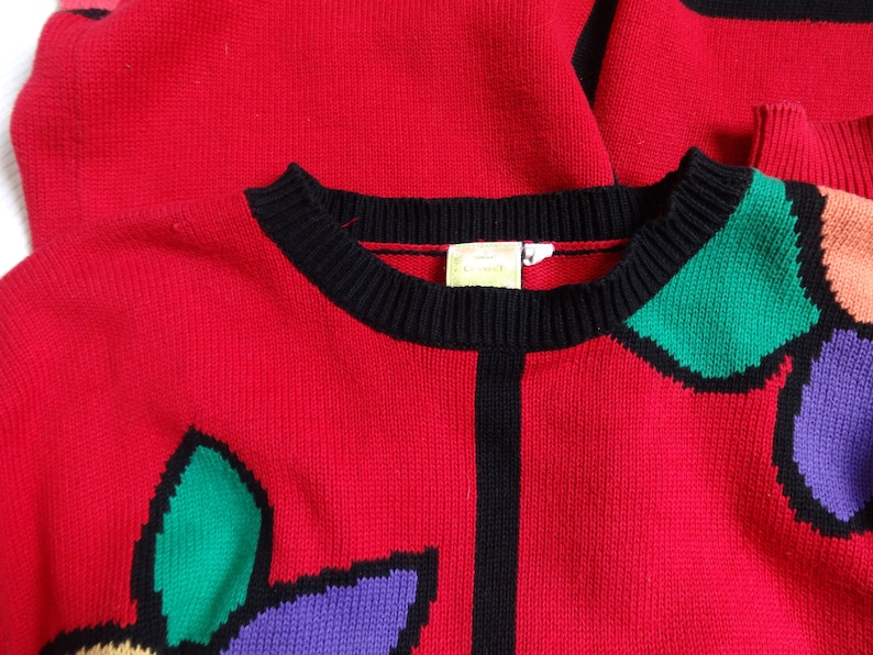 Vintage Women/'s Red Floral Long Jumper Cotton Sweater Dress Color Block Pullover Colorful Sweater Knitted Bohemian Hipster Clothing