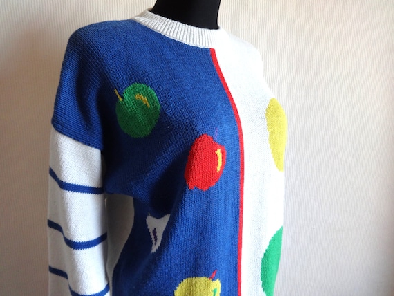 Vintage 90s Apples Knitted Women/'s Sweater Cotton Linen Blend Color Block Blue White Jumper Vintage Clothing Everyday Jumper Size L