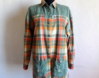 Camicia in flanella da donna vintage a quadri verde e arancione Drindl Camicia tradizionale austriaca Camicia in cotone scozzese Trachten Taglia 38