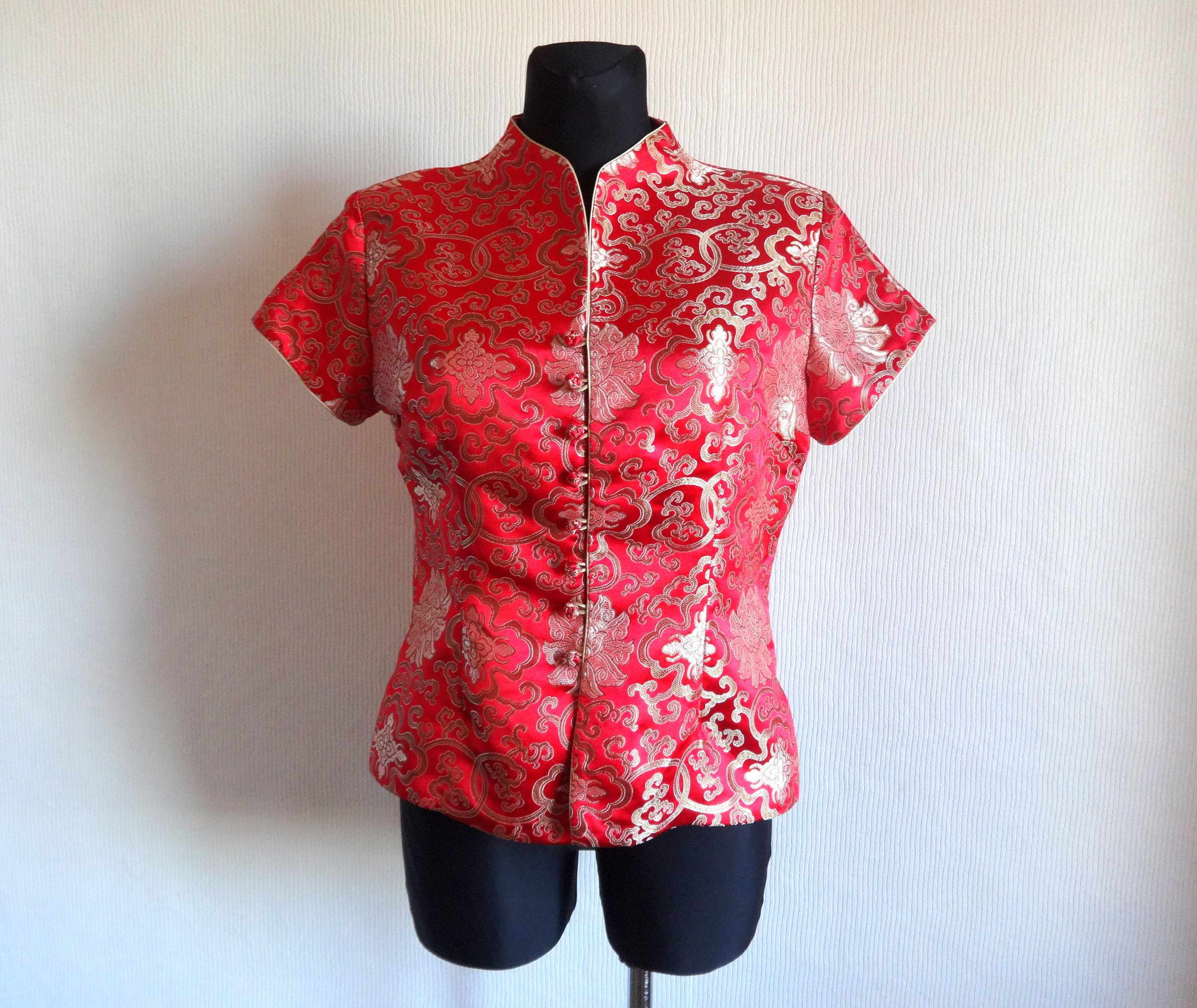 Vintage Chinese Japanese Red & Golden Silk Top Embroidered