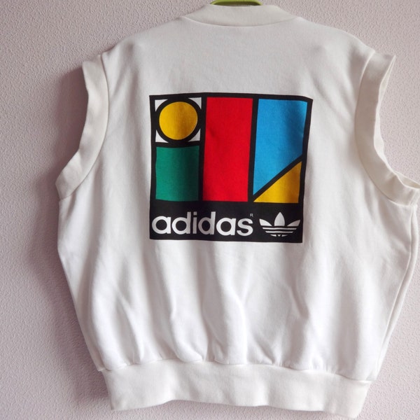 ADIDAS Vintage Tank Top Sleeveless White Top Trefoil Logo Flannel Cotton Unisex Top L Size Tank Top V Neck  Vintage Clothing Adidas Clothing