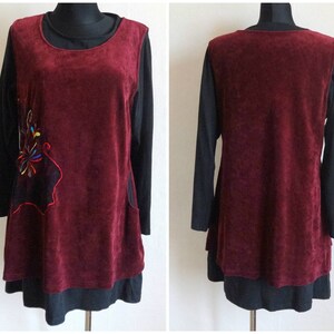 Vintage Red & Black 2 Layers Dress Velvet Cotton Jersey Dress Embellished Women Face Long Sleeve Side Pockets Everyday Dress  Large Size