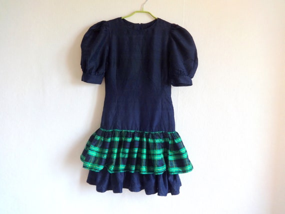 Vintage Dark Blue & Green Checkered Silk Mini Dre… - image 1