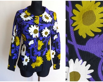 Marimekko Black &  Purple Floral Blouse Cotton Shirt Buttons Down Marimekko Designs Round Collar Long Sleeve Shirt XS S Size  Women's Blouse