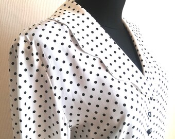 Vintage White & Black Dotted Pure Silk Blouse Formal Everyday Women's Blouse Long Sleeve Buttons Down Silk Clothing Blouse 90's