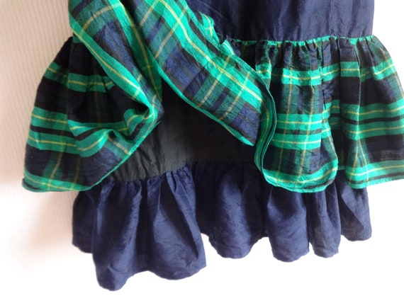 Vintage Dark Blue & Green Checkered Silk Mini Dre… - image 6