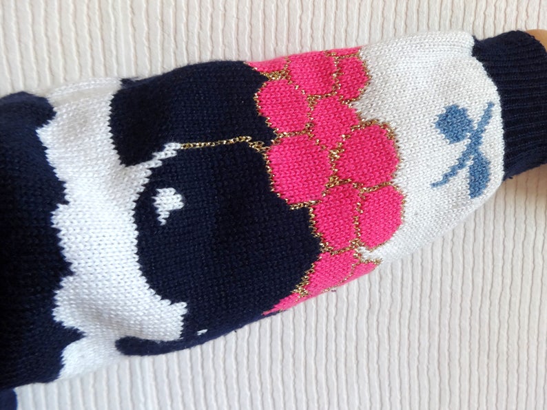 Vintage Sweater With Cherries Embellished Jumper Fashion 80s 90s Women/'s Clothing Dark Blue Pink Golden Metallic Thread