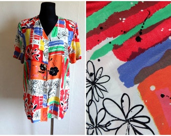 Vintage Colorful Abstract Print Women's Blouse Summer Clothing Buttons Closure Short Sleeve Boho Hippie Clothing Size 38