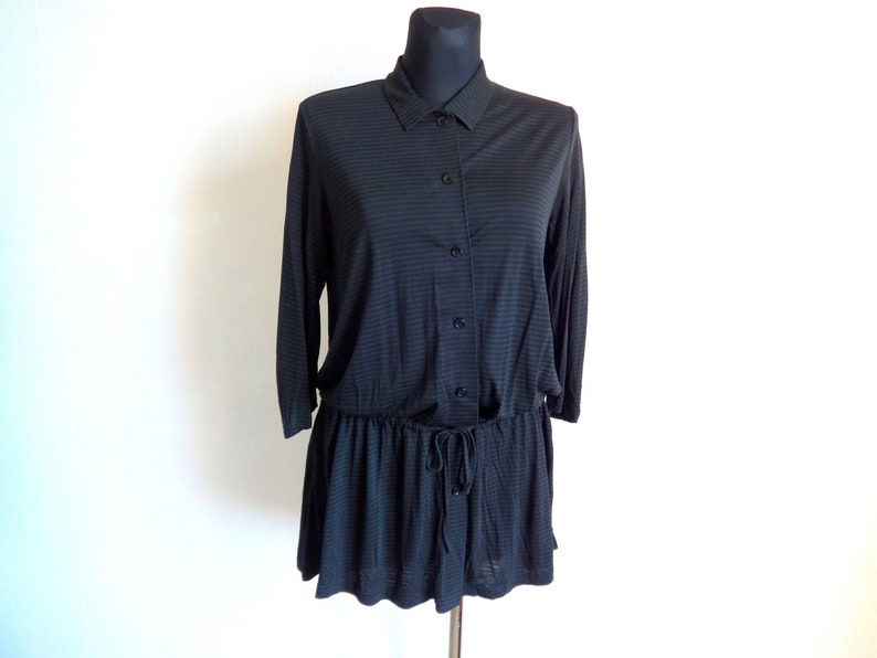 Marimekko Black Striped Drawstring Waist Top Long Top Marimekko Clothing Women's Vintage Top Buttons Closure Black Women's Marimekko Top image 1