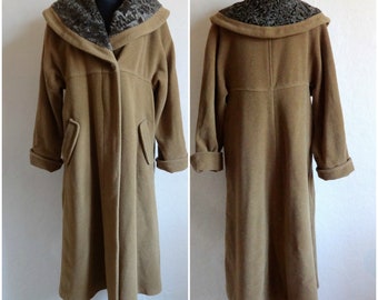 Vintage leichte braune Wolle Alpaka Mantel Damen warmer Wintermantel Naturfell Kragen versteckte Tasten Schließung Trapez Mantel große Kragen