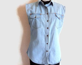 Vintage Light Blue Denim Vest Sleeveless Jean Vest Buttons Down Fashion 90s Front Pockets L Size Cotton Clothing Summer Denim Vest