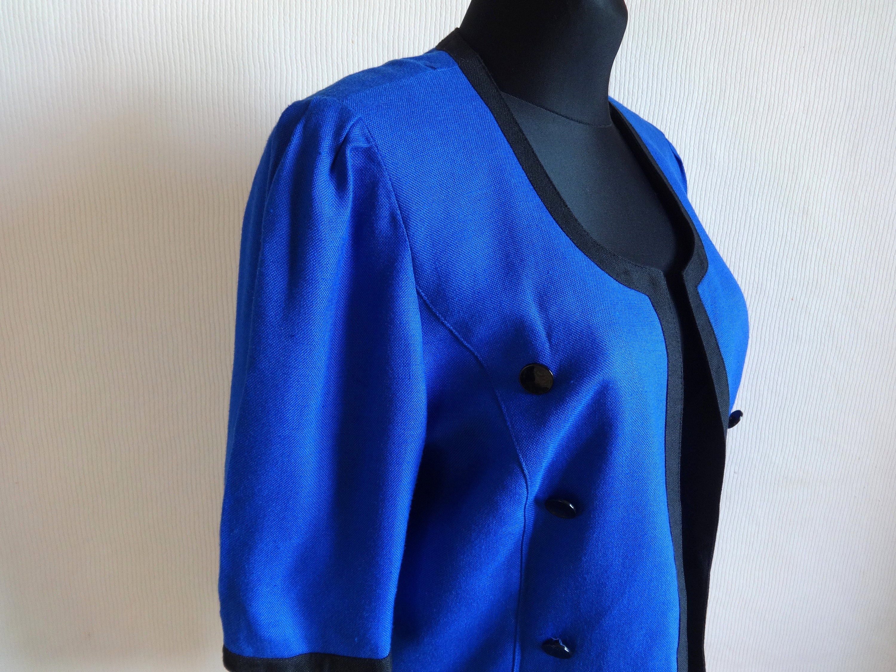 Vintage Royal Blue Black Trim Open Front Blazer Half Sleeve Full Lining Women s Blazer Formal Blazer Made in West Germany US 10 Blazer 90s
