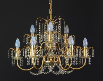 Stunning brass and crystal glass chandelier , Germany, 1960s