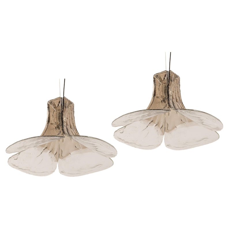 May include: Two brown glass pendant lights shaped like flowers with four petals each.