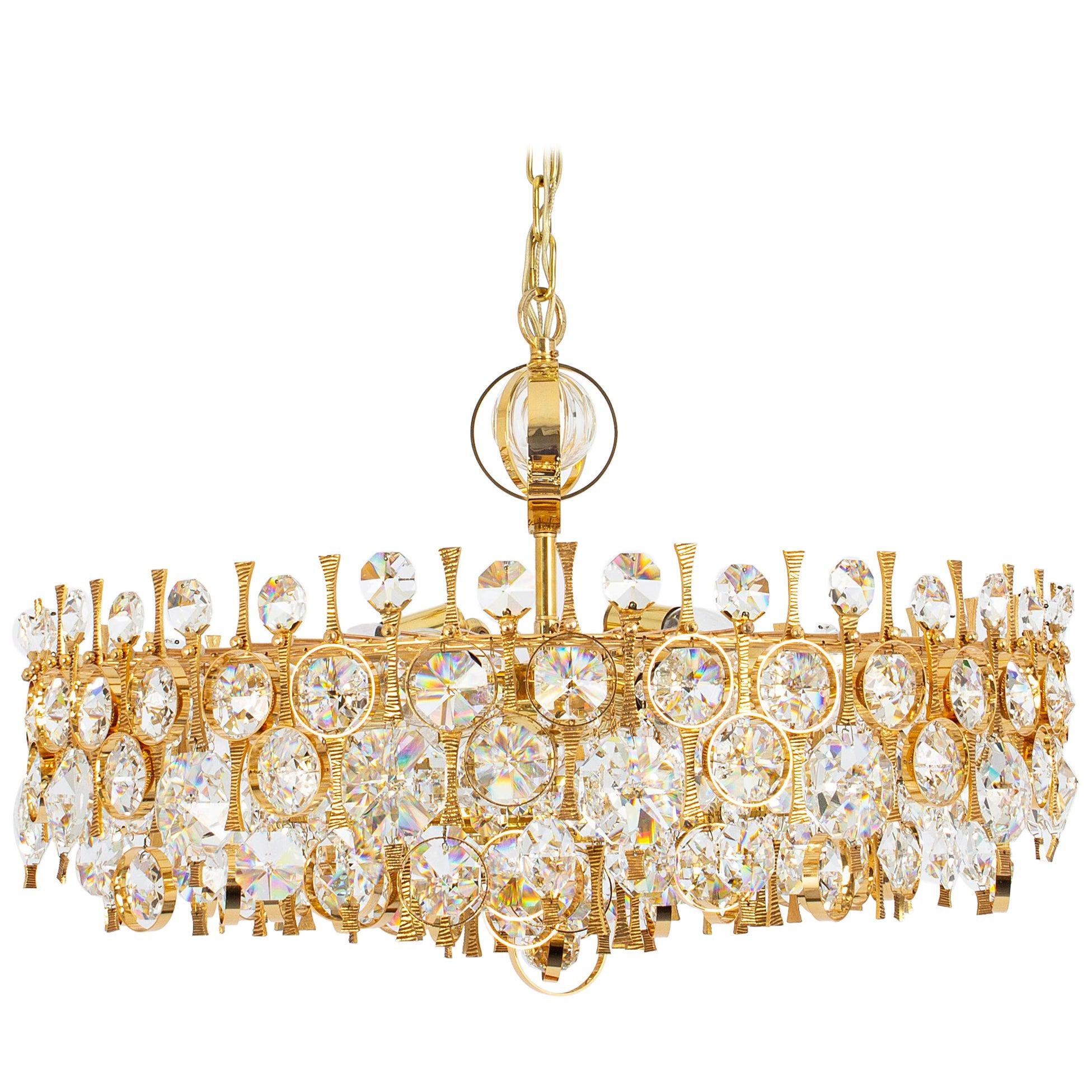 Large Gilt Brass and Crystal Chandelier, by Palwa, Germany, 1970s