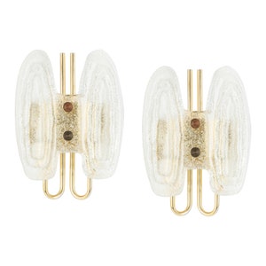 Pair of Murano Ice Glass Brass Sconces by Hillebrand, Germany, 1970s