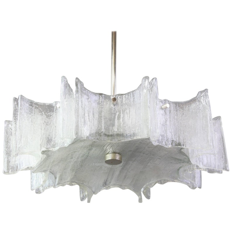 1 of 2 Large Ice Glass Chrome Chandelier by Kaiser, Germany, 1960s image 1