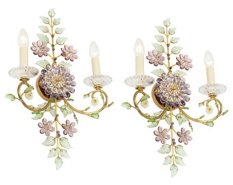 Large Gorgeous Flower Sconces Gilt Faceted Crystal Glass Bagues, Palwa, 1970s