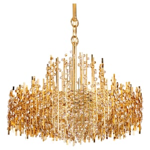 Large Gilt Brass and Crystal Chandelier, by Palwa, Germany, 1970s