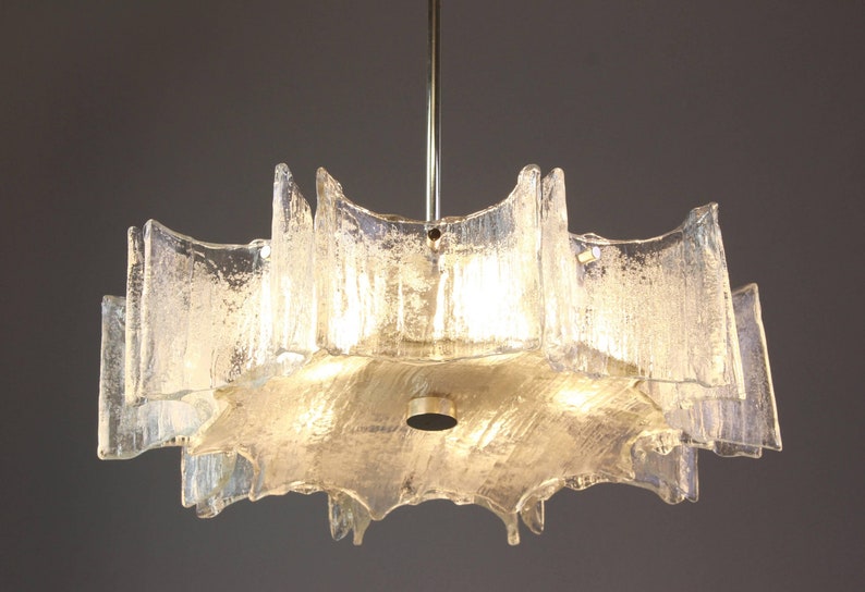 1 of 2 Large Ice Glass Chrome Chandelier by Kaiser, Germany, 1960s image 3