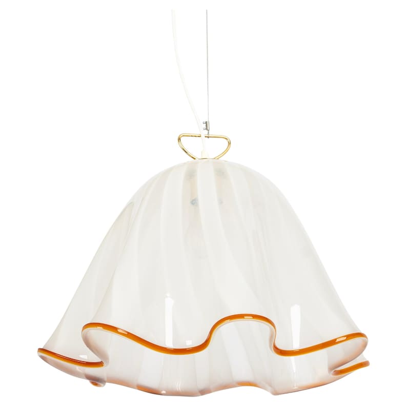 May include: White glass pendant light with a ruffled edge and a gold metal top. The light has a brown trim around the edge.