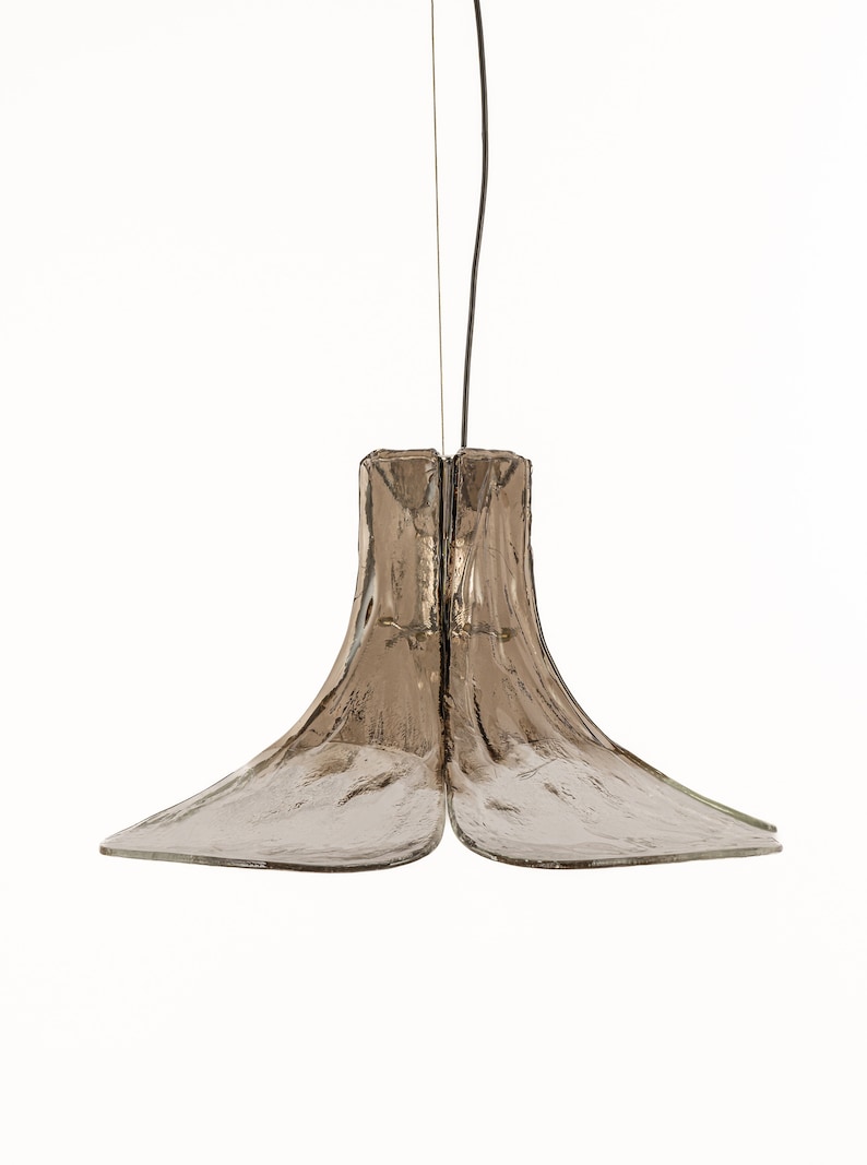 May include: A brown glass pendant light with a unique, organic shape. The light is suspended from a black wire.