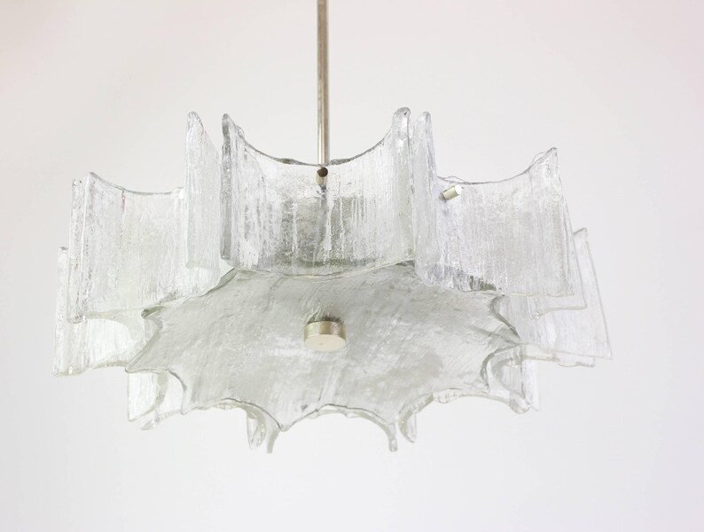 1 of 2 Large Ice Glass Chrome Chandelier by Kaiser, Germany, 1960s image 5