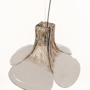May include: A clear glass pendant light fixture with a square base and five rounded, petal-shaped shades. The light fixture is suspended from a black wire.