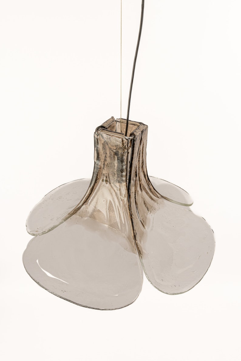 May include: A clear glass pendant light fixture with a square base and five rounded, petal-shaped shades. The light fixture is suspended from a black wire.