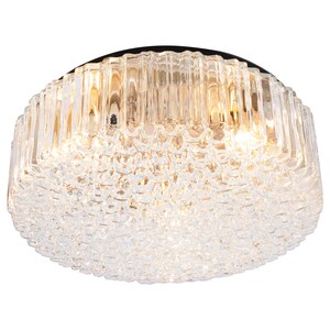 May include: A black flush mount ceiling light fixture with a clear crystal glass shade. The shade has a textured, faceted design.