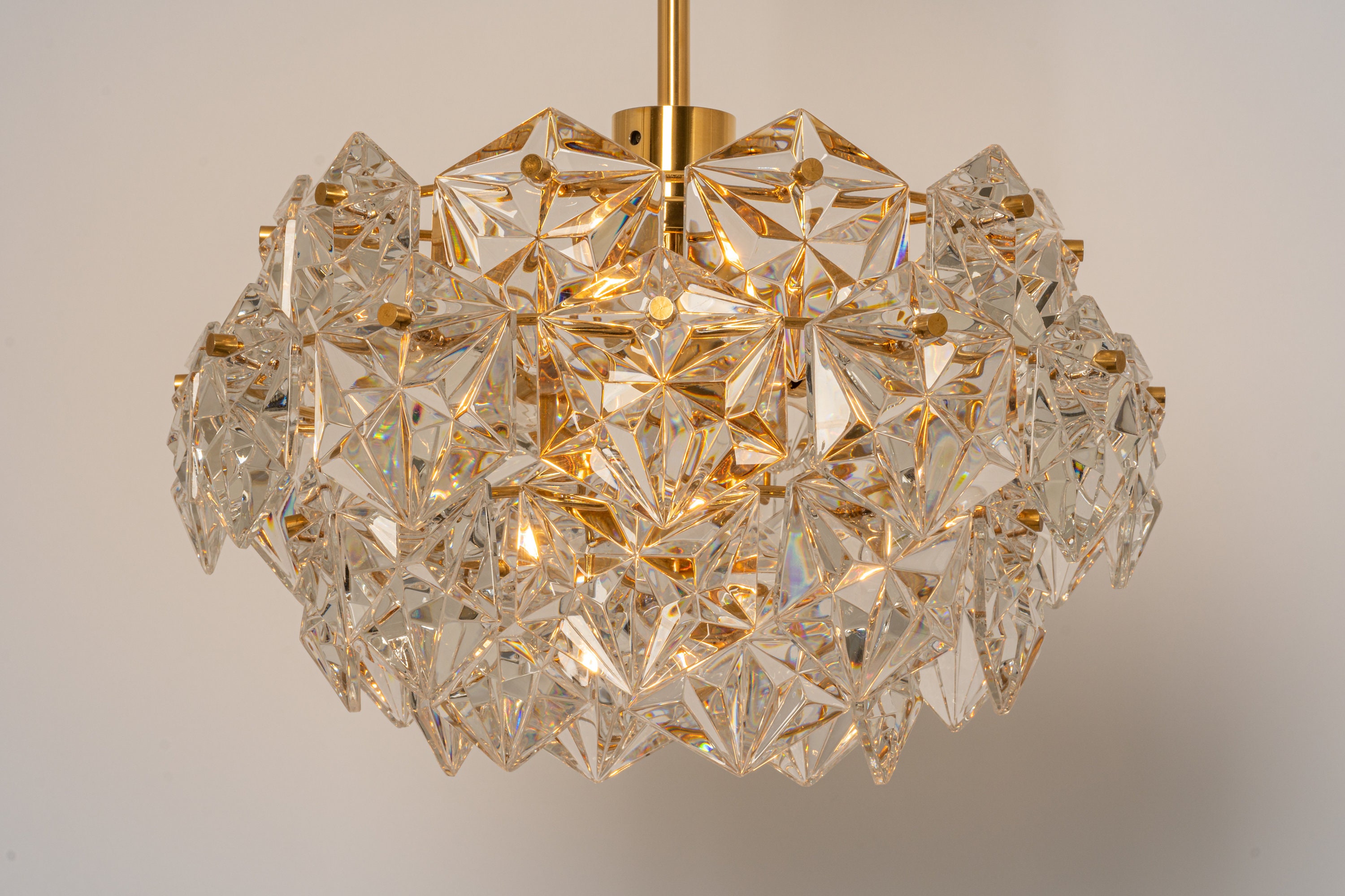 1 of 2 Petite Chandeliers, Brass and Crystal Glass by