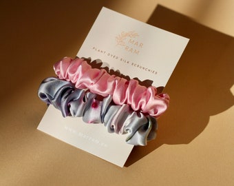 2 Thin plant dyed silk  scrunchie set  // set of 2 naturally dyed silk scrunchie // hand dyed hair ties // silk scrunchie pack