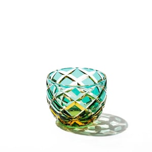 Crystal Edo Kiriko Glass Japanese Sake Cup, Amber Green