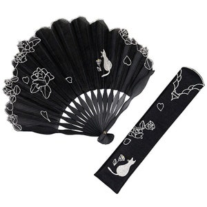 Cat Sensu (Japanese folding fan) for Women - Black, Gift for Women