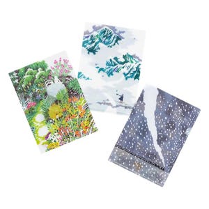 May include: Three clear plastic folders with different designs. The first folder has a green and yellow floral design. The second folder has a blue and white mountain design. The third folder has a blue and white snow design.