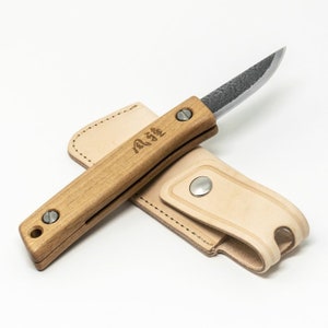 Sanjo Outdoor Folding Knife with Leather Case - Wild Cherry Handle. Japanese Outdoor Knife, Camping Knife, Utility Knife, Craft Knife