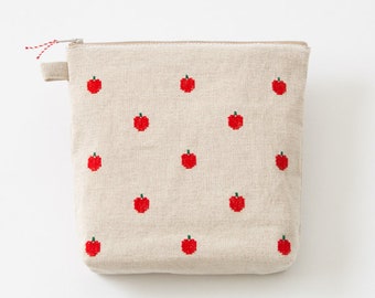 Apple Selvedge Linen Pouch, Stationery Pouch, Makeup Pouch, Travel Toiletry Pouch, Makeup Bag, Cosmetic Pouch, Bag In Bag