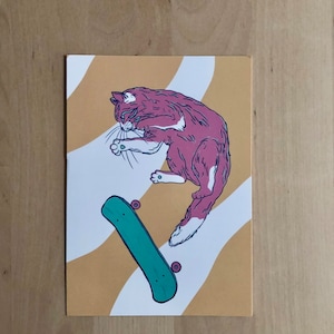 Skateboardende kat met pastelgroen skateboard A6 ansichtkaart