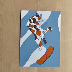 Skateboardende kat met oranje skateboard A6 ansichtkaart